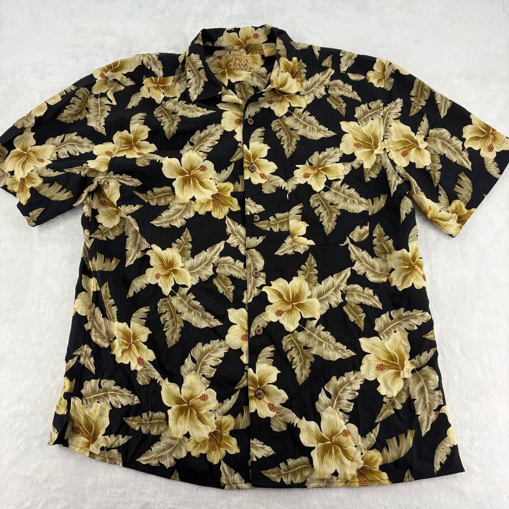Jos. A. Bank Hawaiian Shirt Mens L Button Up Black Tan Hibiscus Floral 100% Silk